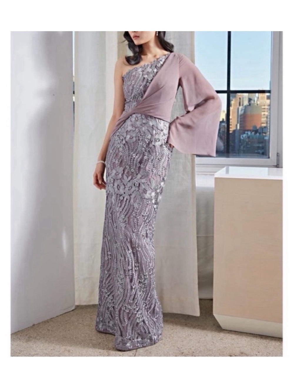 JS Collections Lavender One-Shoulder Beaded Evening Gown